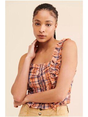 Anthropologie Verb Orange & Navy Plaid Ruffle Strap Smocked Crop Top S